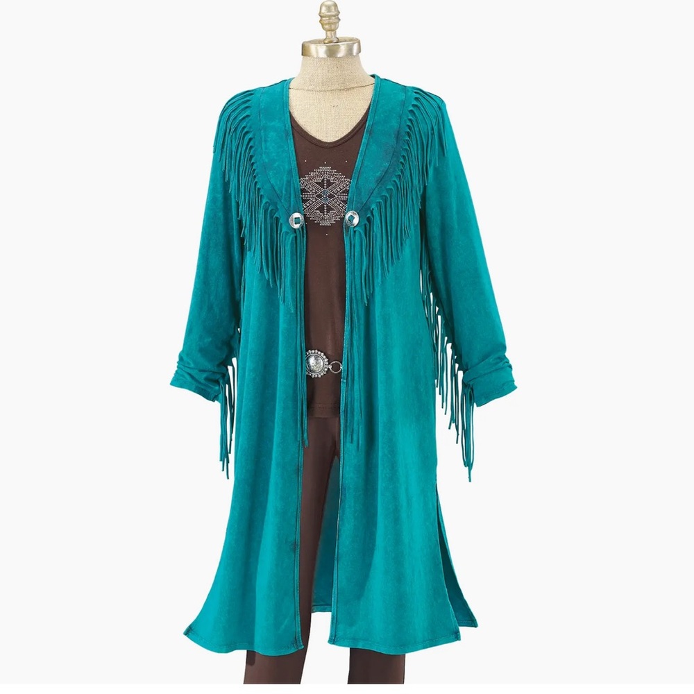 NWT Teal Western Fringe Open Cardigan with Fringe Accents
